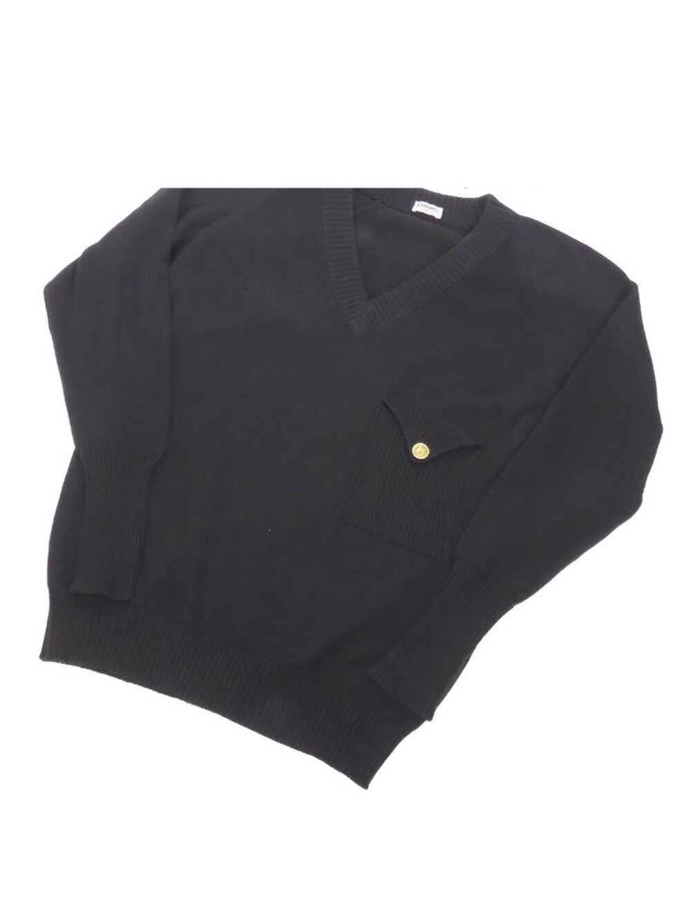 Chanel Knit Black Gold Cotton Long Sleeve Sweater V-neck Clover Button CC Logo